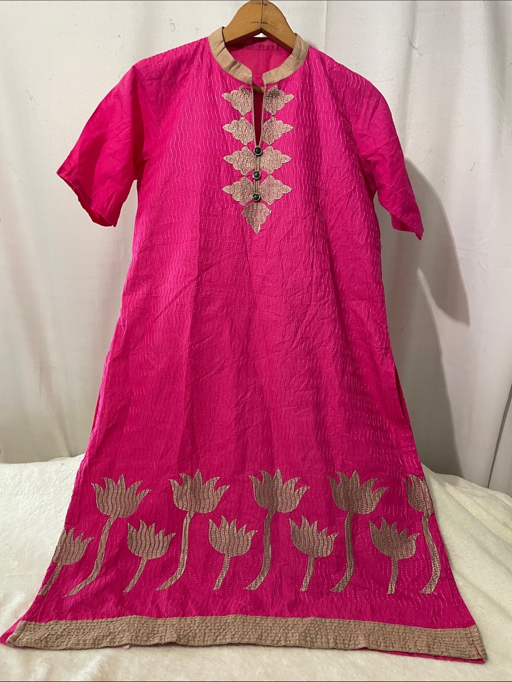 Hot Pink Embroidered Tunic Dress with Tan Accents